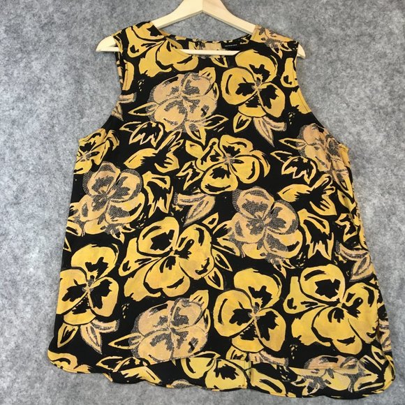 Who What Wear Top XXL Sleeveless Tank Black Yellow Floral Career Back Button - Picture 1 of 12